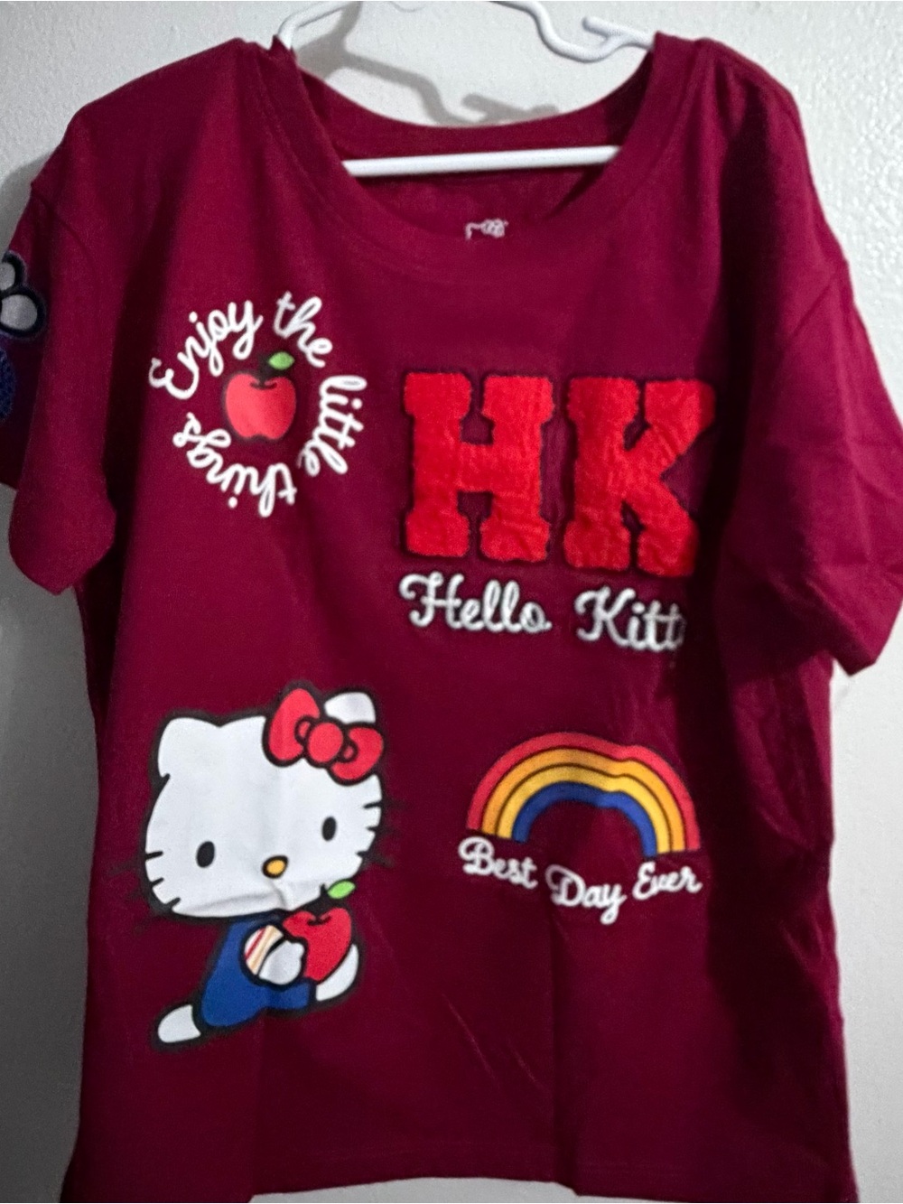 Hello Kitty Maroon Short Sleeve Tee with Rainbow Patch